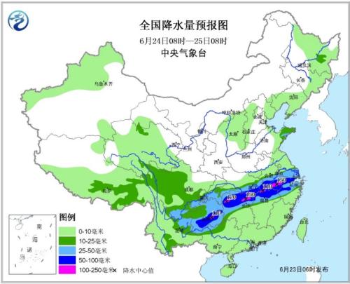 全国降水量预报图(6月24日08时-25日08时)